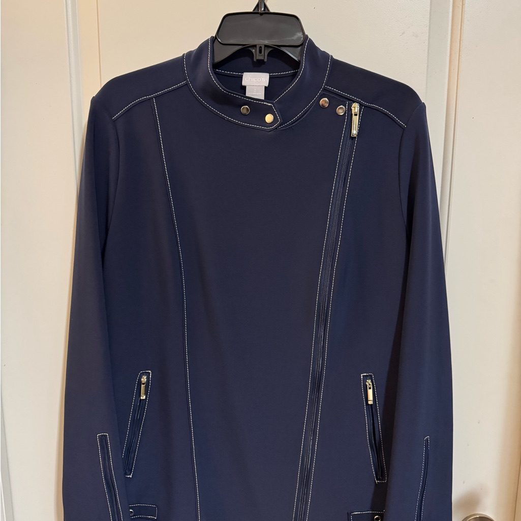 Chicoâs Navy Asymmetrical Zip Jacket (Size 2 = Large)